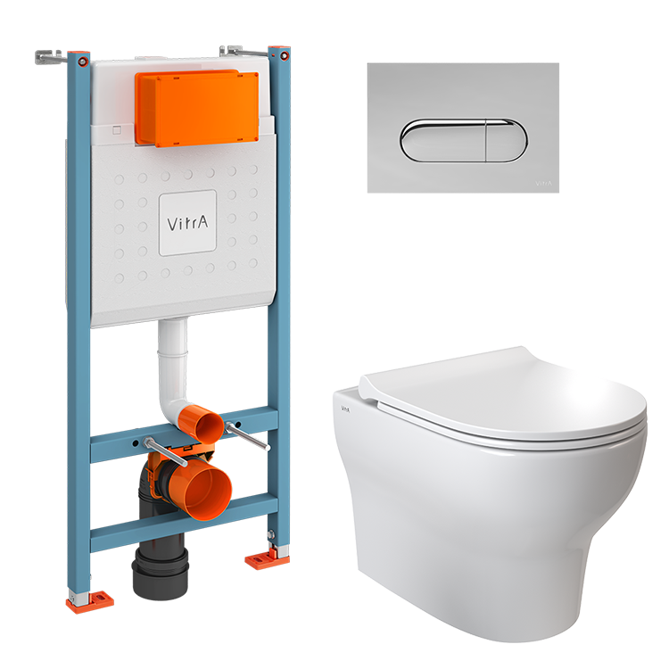Инсталляция с унитазом VitrA Zentrum Round комплект 4в1 безободковый, клвиша глянцевый хром 9879B003-7200