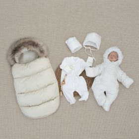 Комплект на выписку 5 предметов "Плюшевая Скандинавия", с опушкой, зимний, латте