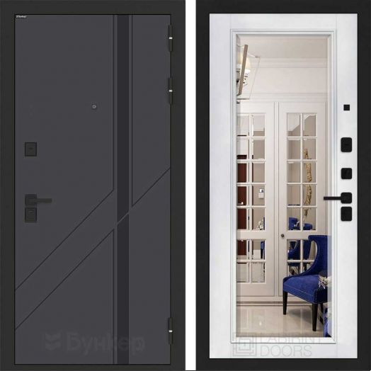 Входная дверь Бункер BN-12 - Зеркало Белый софт, фацет с багетом 16мм