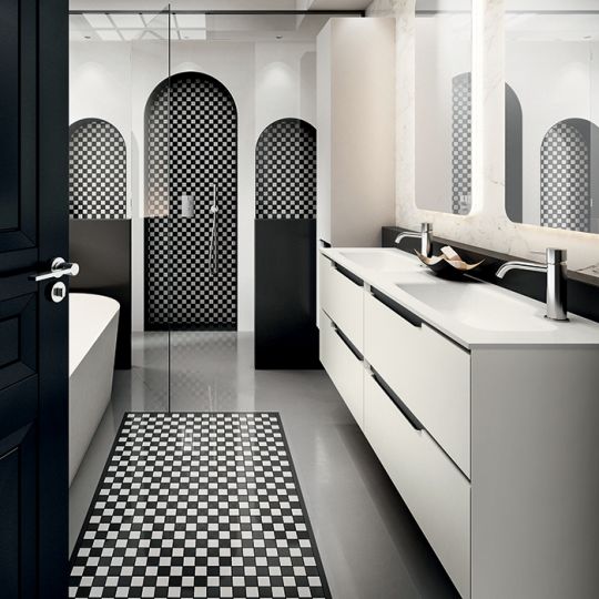 Комплект мебели №19 Oasis Profilo 140х38х205 см подвесные две тумбы и столешница с двумя раковинами схема 3