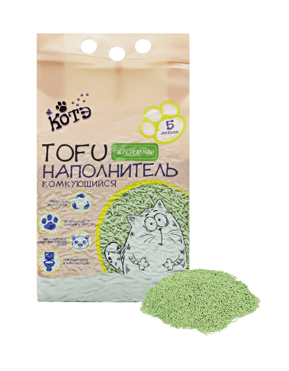 Наполнитель тофу "Котэ", впитываемость 5 л, зелёный чай