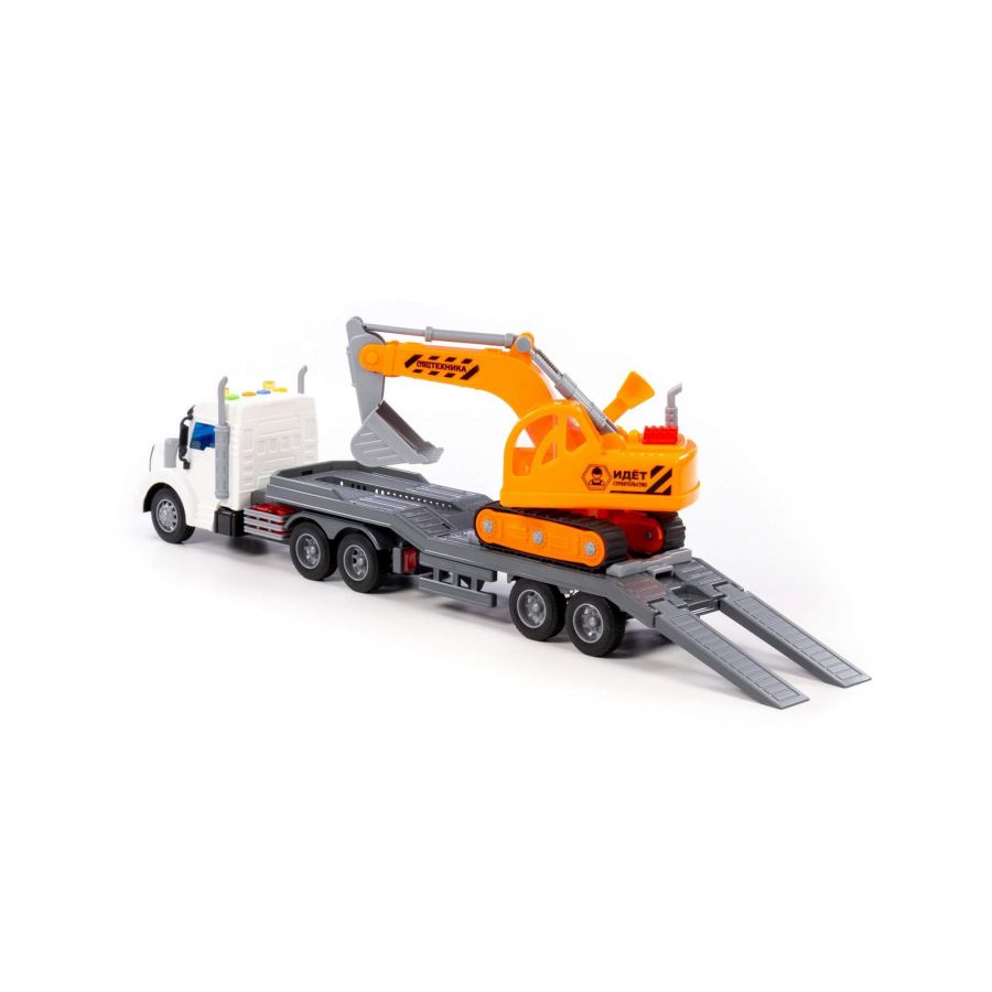 "Профи", автомобиль-трейлер инерционный (со светом и звуком) + гусеничный экскаватор (в коробке)