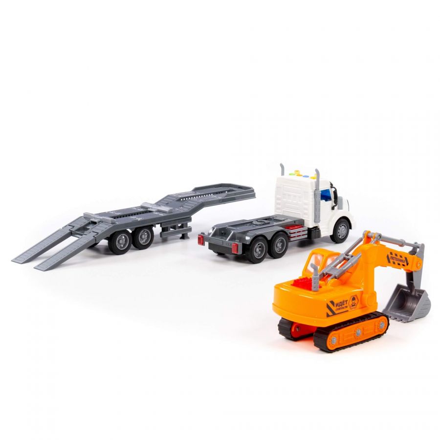 "Профи", автомобиль-трейлер инерционный (со светом и звуком) + гусеничный экскаватор (в коробке)