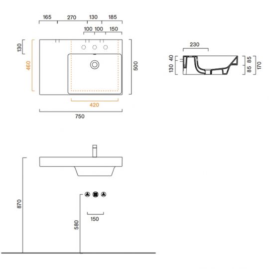 Раковина Catalano Zero 120781001 75x50 см чаша справа с 1 отверстием цвет белый глянцевый схема 2 Раковина Catalano Zero 120781001 75x50 см чаша справа с 1 отверстием цвет белый глянцевый схема 2