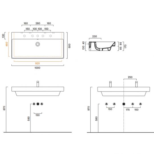 Раковина Catalano Zero 121002001 100x50 см с 2 отверстиями цвет белый глянцевый схема 2