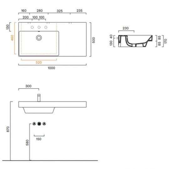 Раковина Catalano Zero 121041001 100x50 см чаша слева с 1 отверстием цвет белый глянцевый схема 2