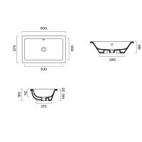 Раковина Catalano ZERO 124610001 встраиваемая или под столешницу 60x37 см без отв. под смеситель покрытие Cataglaze+ цвет белый глянцевый схема 2