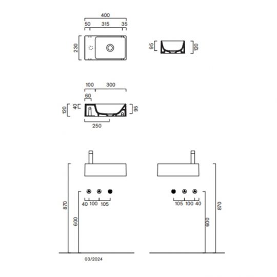 Раковина Catalano Premium 220410032 40x23 см без отверстий цвет Tortora Satinato схема 2