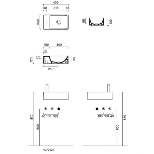 Раковина Catalano Premium 220411023 40x23 см с 1 отверстием цвет Cemento Satinato схема 2