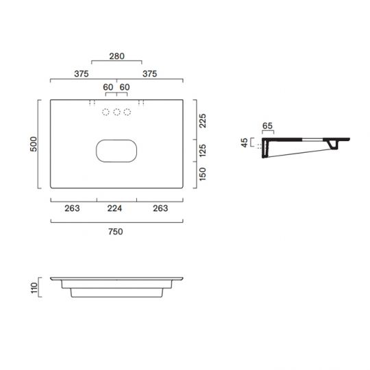 Столешница керамическая Catalano 830750023 75x50см с отверстием  цвет: Cemento Satinato схема 2