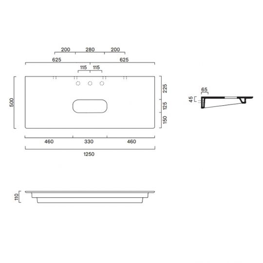 Столешница керамическая Catalano 831250022 125x50см с отверстием  цвет: черный матовый схема 2