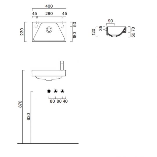 Раковина Catalano Comfort 920410001 40x23 см без отверстий цвет белый глянцевый схема 2 Раковина Catalano Comfort 920410001 40x23 см без отверстий цвет белый глянцевый схема 2