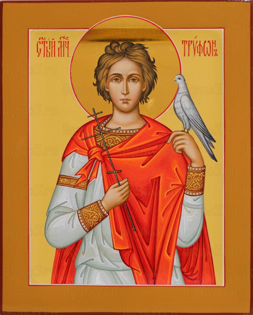 Трифон Мученик Апамейский с соколом 17х21см рукописная икона (ковчег, нимб-сусальное золото)
