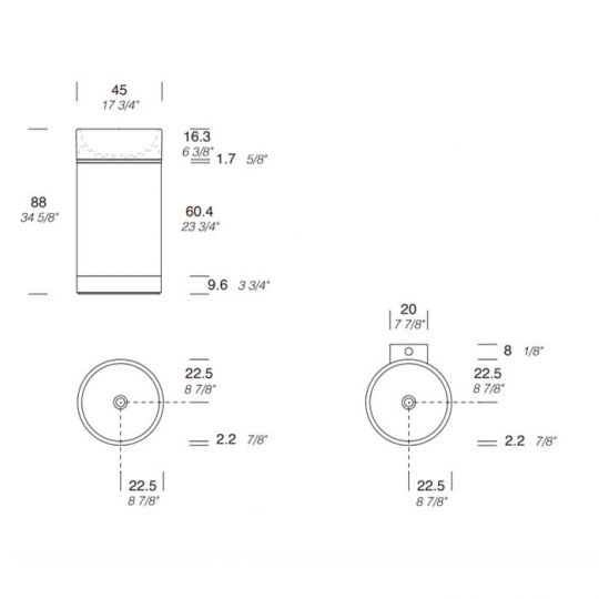 Раковина напольная NOORTH Milldue edition ROMA II 45х45x88 см слив в пол, основ Rovere nero, корп Noce Canaletto, вставк Platino, раков Bianco opaco схема 2