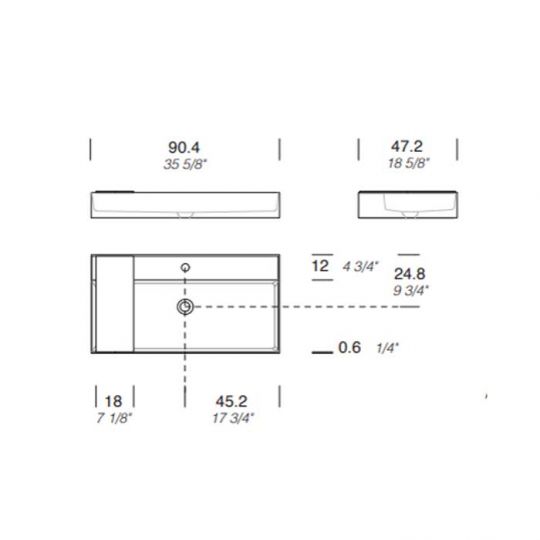 Раковина накладная NOORTH Milldue edition MAN 90 90,4х47,2х12 см из CRISTALPLANT с 1 отв для смесителя, цвет белый матовый схема 2