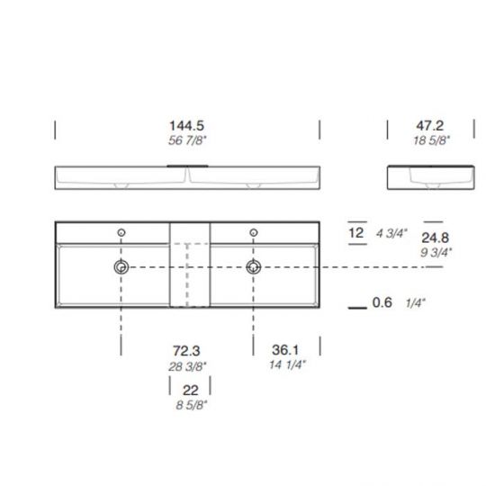 Раковина накладная двойная NOORTH Milldue edition MAN 144 144,5х47,2х12 смиз CRISTALPLANT  с 1 отв для смесителя, цвет белый матовый схема 2