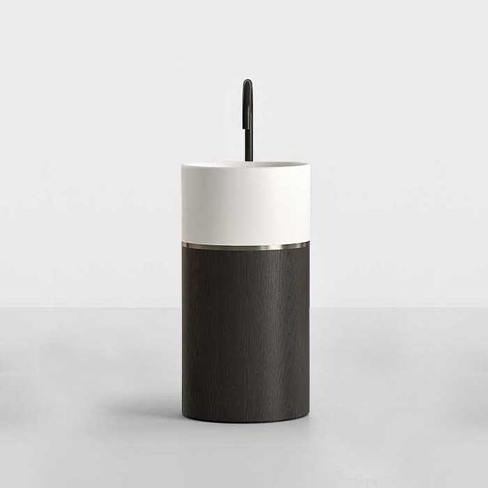 Изображение Раковина напольная NOORTH Milldue edition ROMA I 53х53x88 см слив в пол, корпус Rovere nero, вставка Platino, раковина Bianco opaco