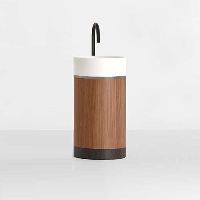 Раковина напольная NOORTH Milldue edition ROMA II 53х53x88 см слив в пол, основ Rovere nero, корп Noce Canaletto, вставк Platino, раков Bianco opaco