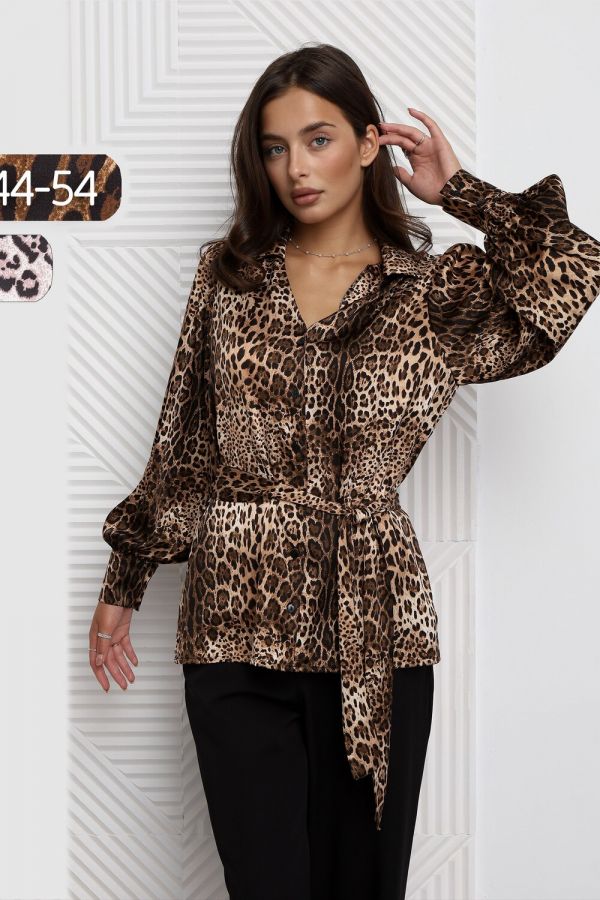 Блузка атласная нарядная с поясом 51060 [коричневый]