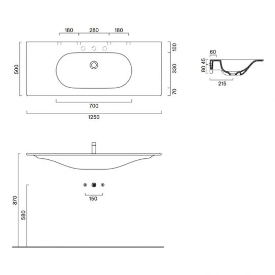 Раковина Catalano Sfera 521260001 125x50 см без отверстий цвет белый глянцевый схема 2 Раковина Catalano Sfera 521260001 125x50 см без отверстий цвет белый глянцевый схема 2