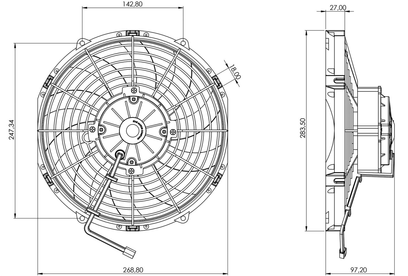 STR187 ОСЕВОЙ ВЕНТИЛЯТОР 10" ДЮЙМОВ 170 ВАТТ 24 ВОЛЬТ PUSH / ТОЛКАЮЩИЙ