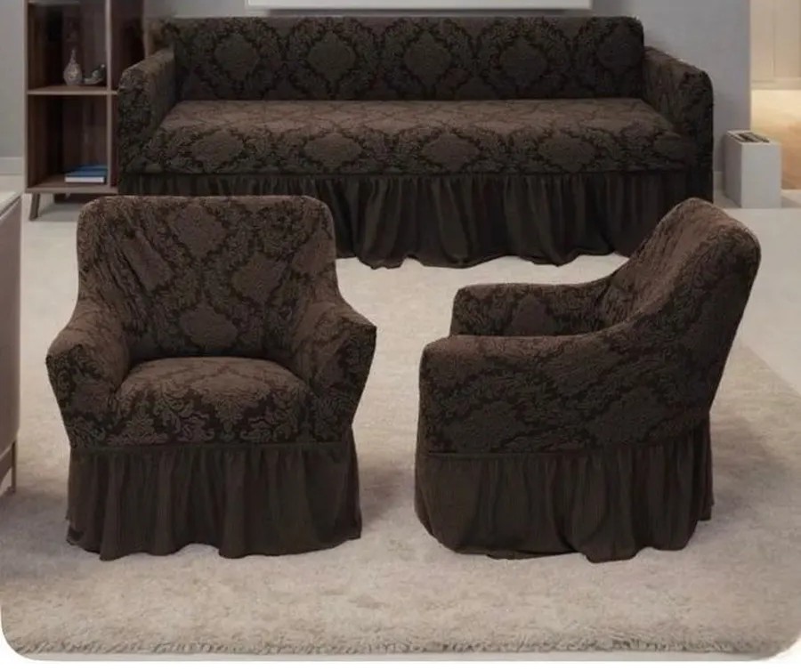 Комплект чехлов на 3-х местный диван и 2 кресла с оборкой Жаккард ,темно-коричневый