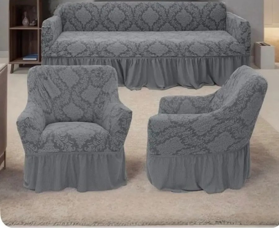 Комплект чехлов на 3-х местный диван и 2 кресла с оборкой Жаккард ,серый