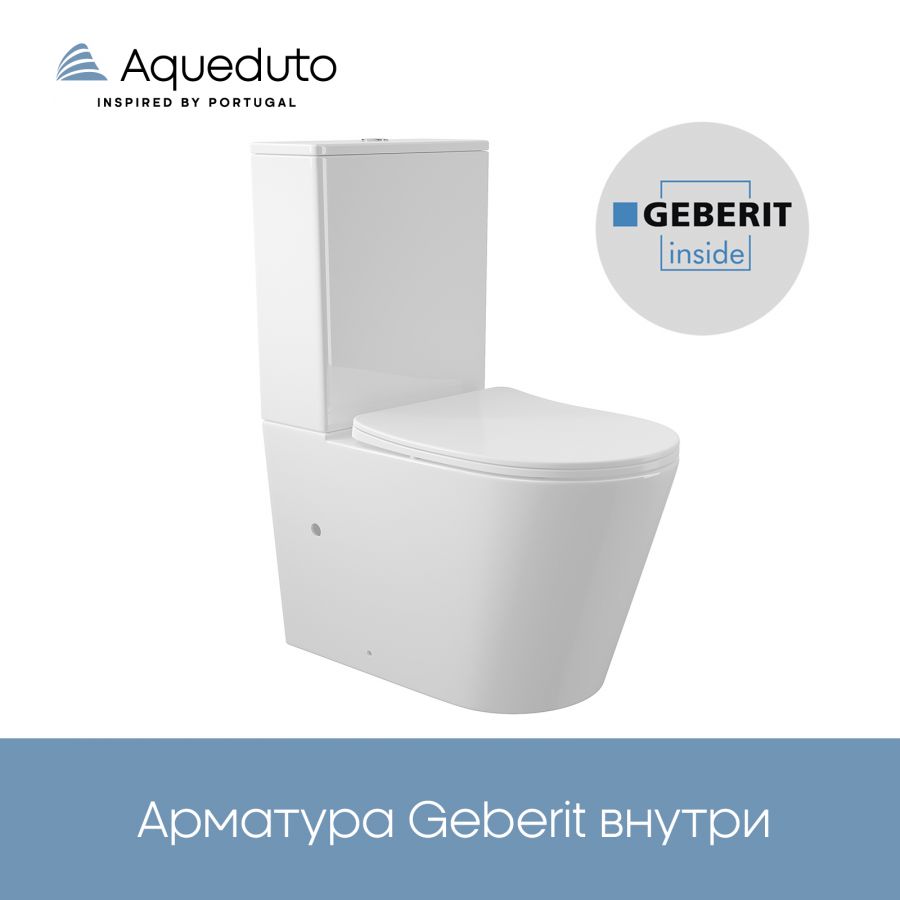 Aqueduto комплект: CONE Унитаз напольный 630*385 безободковый с бачком, сиденье с микролифтом, белый глянцевый