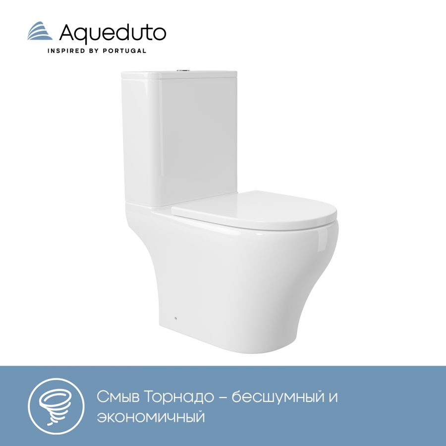 Aqueduto комплект: OVO Light Унитаз напольный 610*360 безободковый с бачком, Tornado, сиденье с микролифтом, белый глянцевый