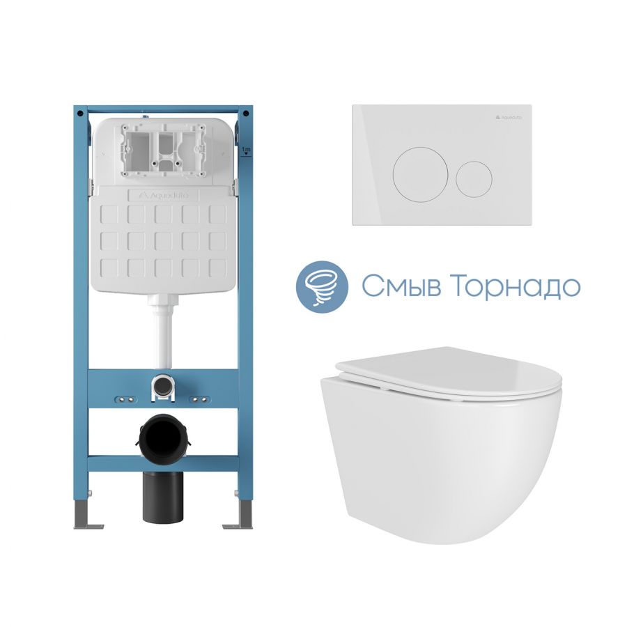 Aqueduto комплект: TECNICA Novo Система инсталляции для подвесного унитаза, CIRCULO Novo Панель смыва, белый глянцевый, OVO Daily Унитаз подвесной 480*360 безободковый, Tornado, сиденье с микролифтом, белый глянцевый