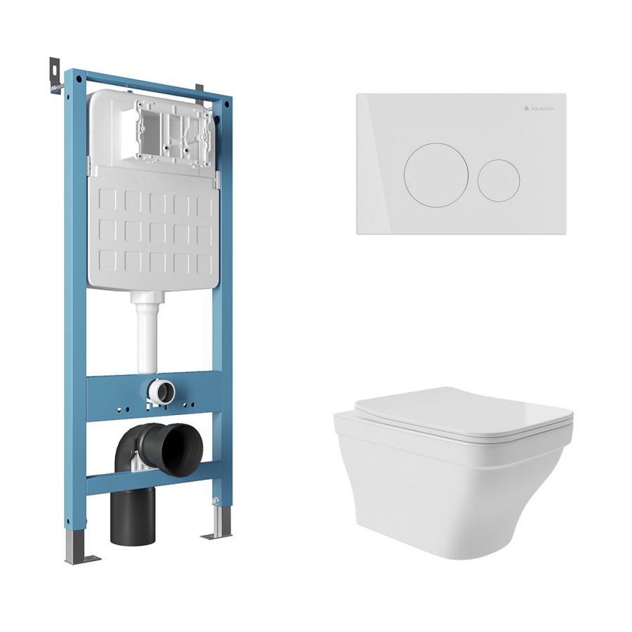 Aqueduto комплект:  TECNICA Novo Система инсталляции для подвесного унитаза,  CIRCULO Novo  Панель смыва, белый глянцевый,ESTETA Унитаз подвесной 520*370 безободковый, сиденье с микролифтом, белый глянцевый
