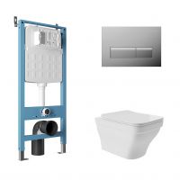 Aqueduto комплект:  TECNICA Novo Система инсталляции для подвесного унитаза, RETANGULO Novo, Панель смыва, хром,ESTETA Унитаз подвесной 520*370 безободковый, сиденье с микролифтом, белый глянцевый