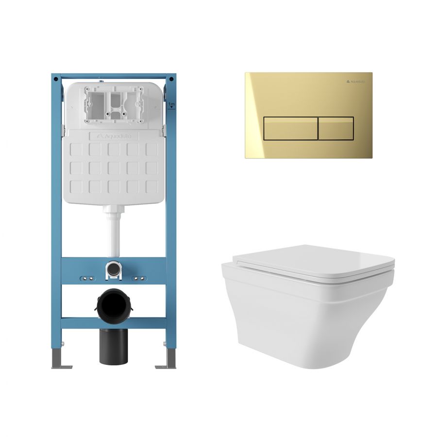 Aqueduto комплект: TECNICA Novo Система инсталляции для подвесного унитаза, RETANGULO Novo Панель смыва, Золото, ESTETA Унитаз подвесной 520*370 безободковый, сиденье с микролифтом, белый глянцевый