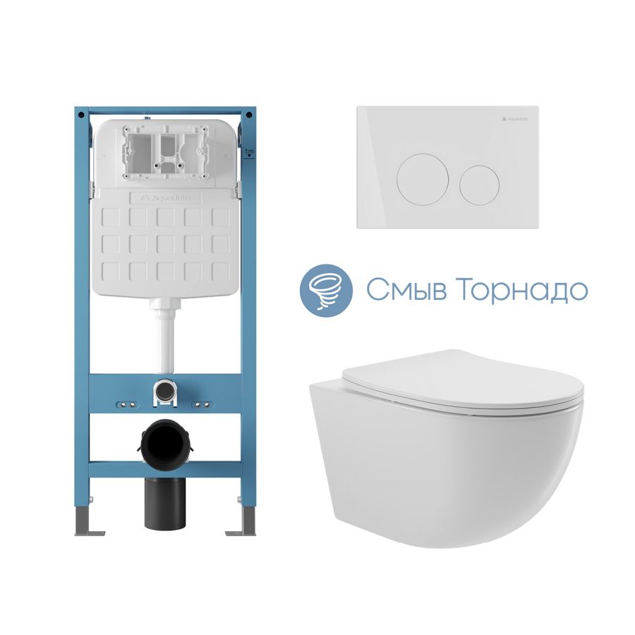 Aqueduto комплект: TECNICA Novo Система инсталляции для подвесного унитаза, CIRCULO Панель смыва, белый глянцевый, OVO Tornado Унитаз подвесной 525*360 безободковый, Tornado, сиденье с микролифтом, белый глянцевый