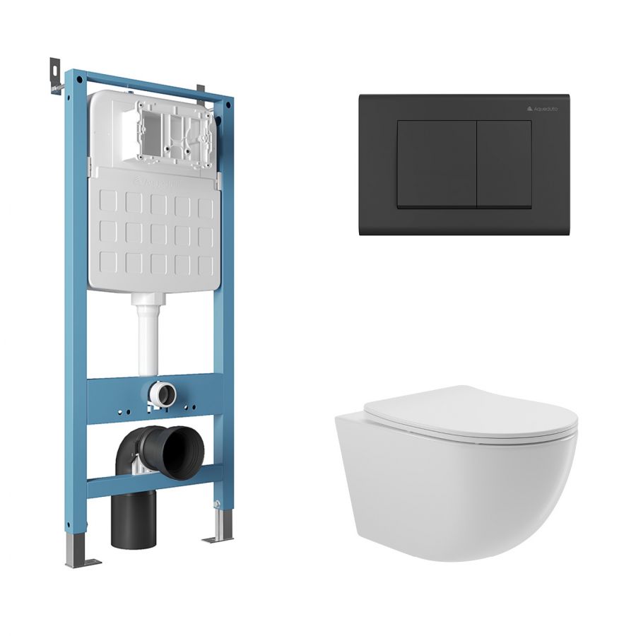 Aqueduto комплект: TECNICA Novo Система инсталляции для подвесного унитаза, QUADRADO Панель смыва, черный матовый, OVO Унитаз подвесной 525*360 безободковый, сиденье с микролифтом, белый глянцевый