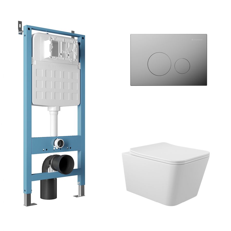 Aqueduto комплект:  TECNICA Novo Система инсталляции для подвесного унитаза,  CIRCULO Novo  Панель смыва, хром,MACIO Унитаз подвесной 520*370 безободковый, сиденье с микролифтом, белый глянцевый