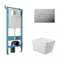 Aqueduto комплект:  TECNICA Novo Система инсталляции для подвесного унитаза,  CIRCULO Novo  Панель смыва, хром,MACIO Унитаз подвесной 520*370 безободковый, сиденье с микролифтом, белый глянцевый
