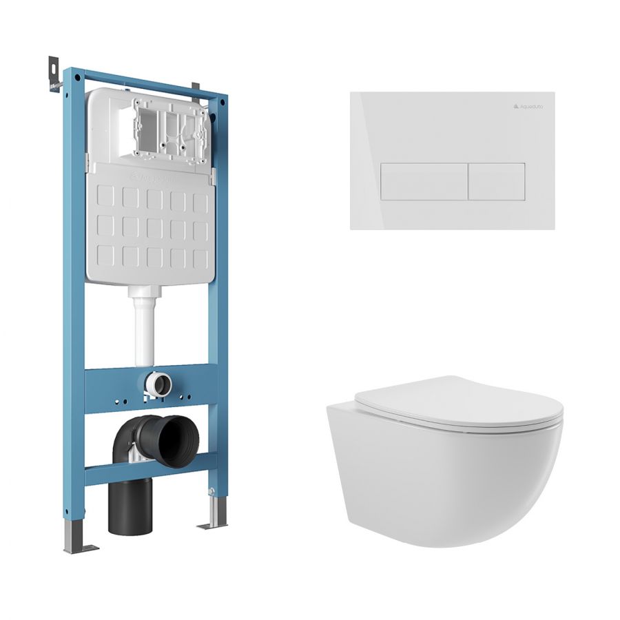 Aqueduto комплект:  TECNICA Novo Система инсталляции для подвесного унитаза, RETANGULO Novo, Панель смыва, белый матовый,OVO Унитаз подвесной 525*360 безободковый, сиденье с микролифтом, белый глянцевый