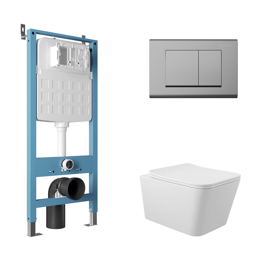 Aqueduto комплект: TECNICA Novo Система инсталляции для подвесного унитаза, QUADRADO Панель смыва, хром, MACIO Унитаз подвесной 520*370 безободковый, сиденье с микролифтом, белый глянцевый