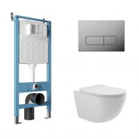 Aqueduto комплект: TECNICA Novo Система инсталляции для подвесного унитаза, FORMA Панель смыва, хром, OVO Унитаз подвесной 525*360 безободковый, сиденье с микролифтом, белый глянцевый