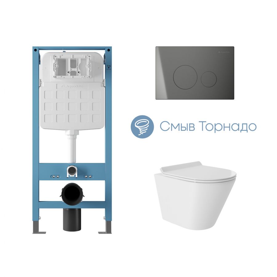 Aqueduto комплект: TECNICA Novo Система инсталляции для подвесного унитаза, CIRCULO Novo Панель смыва, Gun Metal, CONE Tornado S Унитаз подвесной 480*360 безободковый, Tornado, сиденье с микролифтом, белый глянцевый