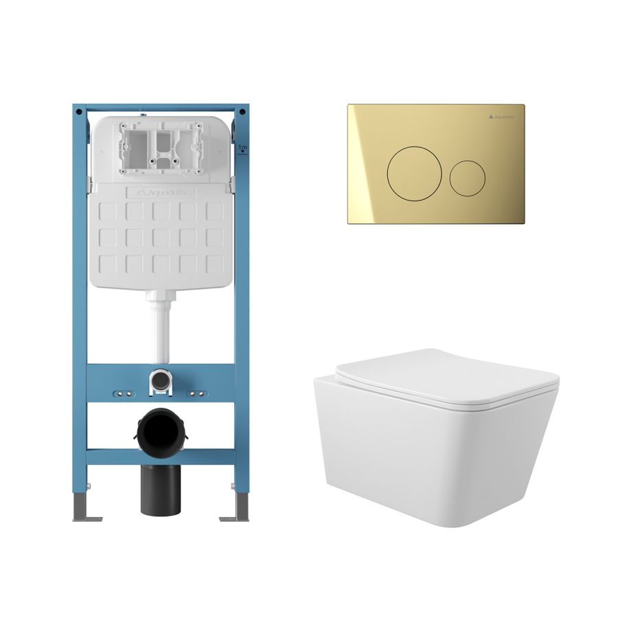 Aqueduto комплект: TECNICA Novo Система инсталляции для подвесного унитаза, CIRCULO Novo Панель смыва, Золото, MACIO Унитаз подвесной 520*370 безободковый, сиденье с микролифтом, белый глянцевый