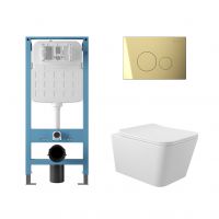 Aqueduto комплект: TECNICA Novo Система инсталляции для подвесного унитаза, CIRCULO Novo Панель смыва, Золото, MACIO Унитаз подвесной 520*370 безободковый, сиденье с микролифтом, белый глянцевый