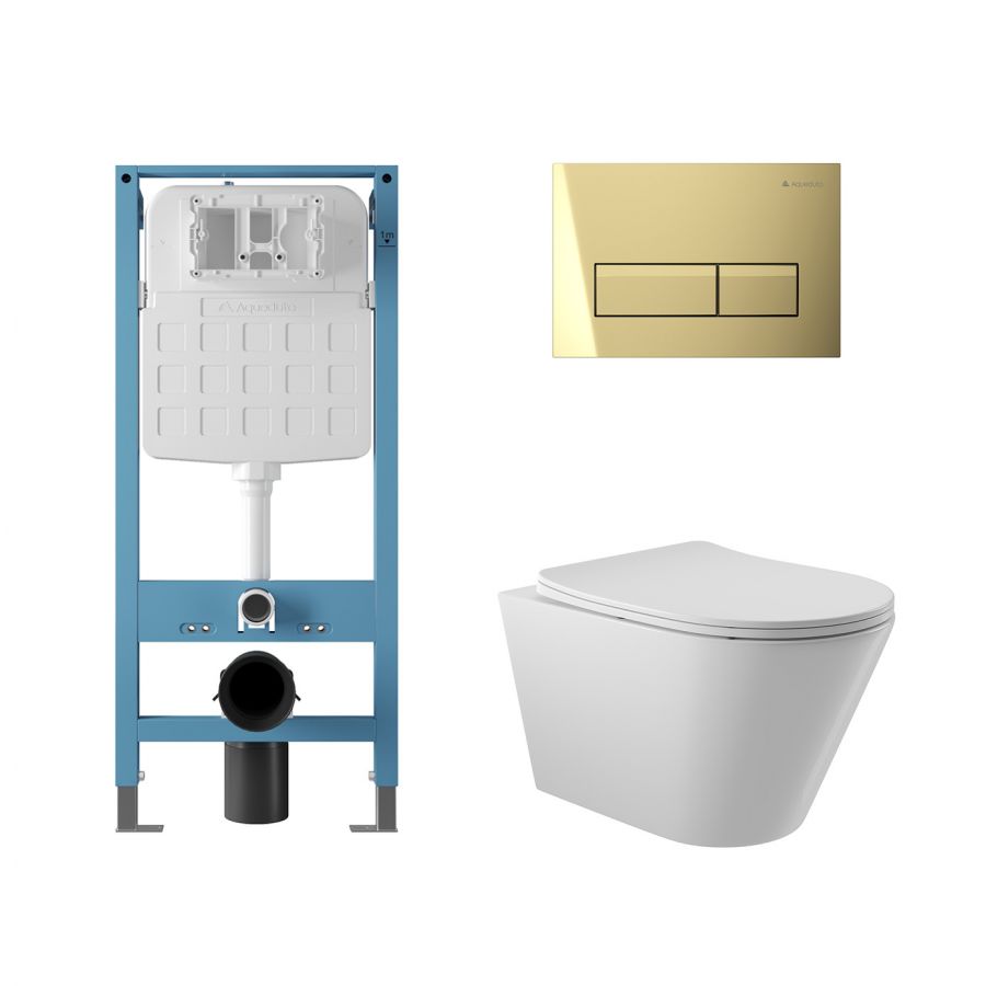 Aqueduto комплект: TECNICA Novo Система инсталляции для подвесного унитаза, RETANGULO Novo Панель смыва, Золото, CONE Унитаз подвесной 525*360 безободковый, сиденье с микролифтом, белый глянцевый