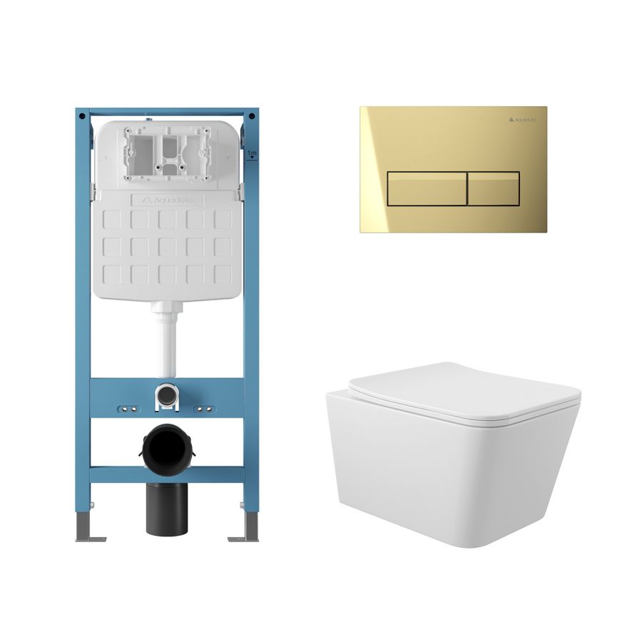 Aqueduto комплект: TECNICA Novo Система инсталляции для подвесного унитаза, RETANGULO Novo Панель смыва, Золото, MACIO Унитаз подвесной 520*370 безободковый, сиденье с микролифтом, белый глянцевый