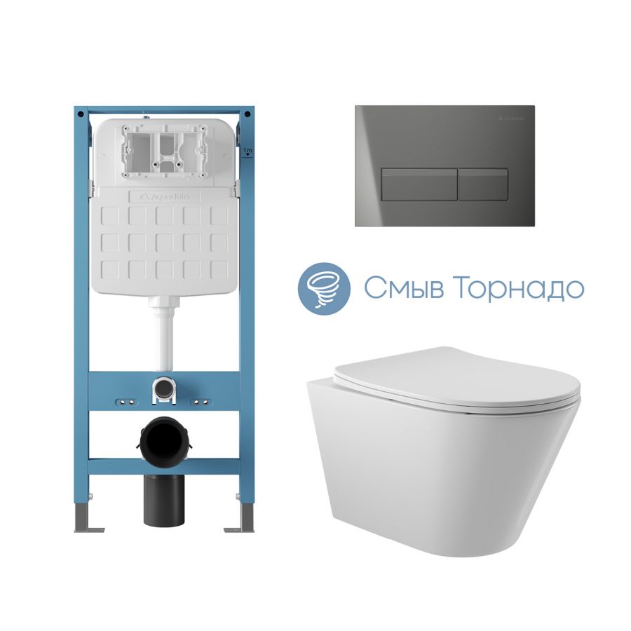 Aqueduto комплект: TECNICA Novo Система инсталляции для подвесного унитаза, RETANGULO Novo Панель смыва, Gun Metal, CONE Tornado Унитаз подвесной 525*360 безободковый, Tornado, сиденье с микролифтом, белый глянцевый