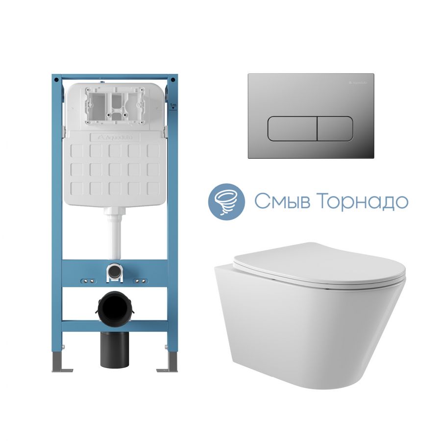 Aqueduto комплект: TECNICA Novo Система инсталляции для подвесного унитаза, FORMA Панель смыва, хром, CONE Tornado Унитаз подвесной 525*360 безободковый, Tornado, сиденье с микролифтом, белый глянцевый