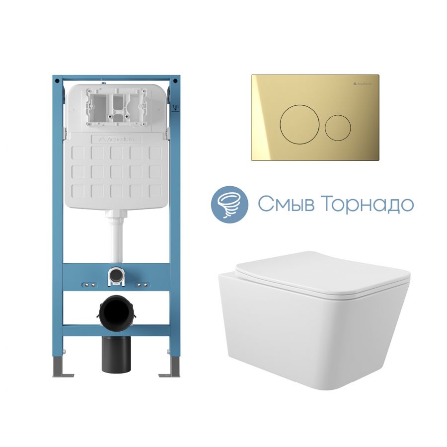 Aqueduto комплект: TECNICA Novo Система инсталляции для подвесного унитаза, CIRCULO Novo Панель смыва, Золото, MACIO Tornado Унитаз подвесной 520*370 безободковый, Tornado, сиденье с микролифтом, белый глянцевый