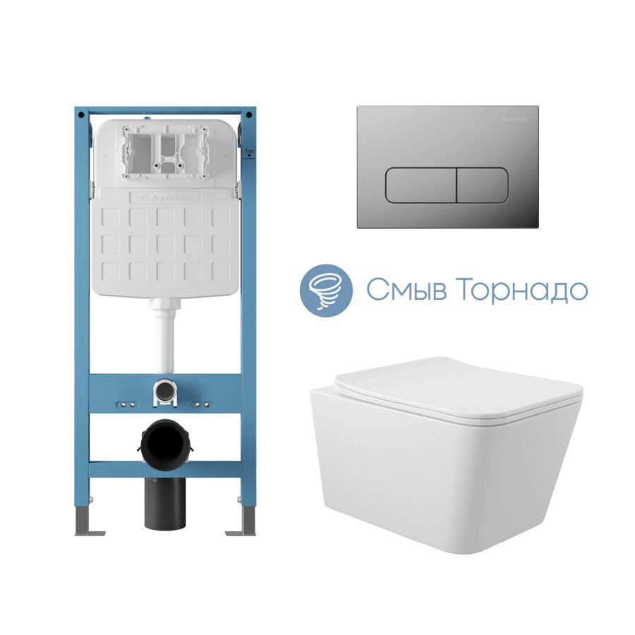 Aqueduto комплект: TECNICA Novo Система инсталляции для подвесного унитаза, FORMA Панель смыва, хром, MACIO Tornado Унитаз подвесной 520*370 безободковый, Tornado, сиденье с микролифтом, белый глянцевый