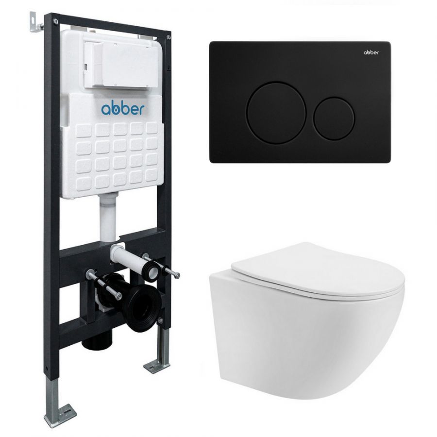 Комплект подвесной унитаз ABBER Bequem AC1100T белый с инсталляцией AC0105 и кнопкой AC0121MB черный матовый